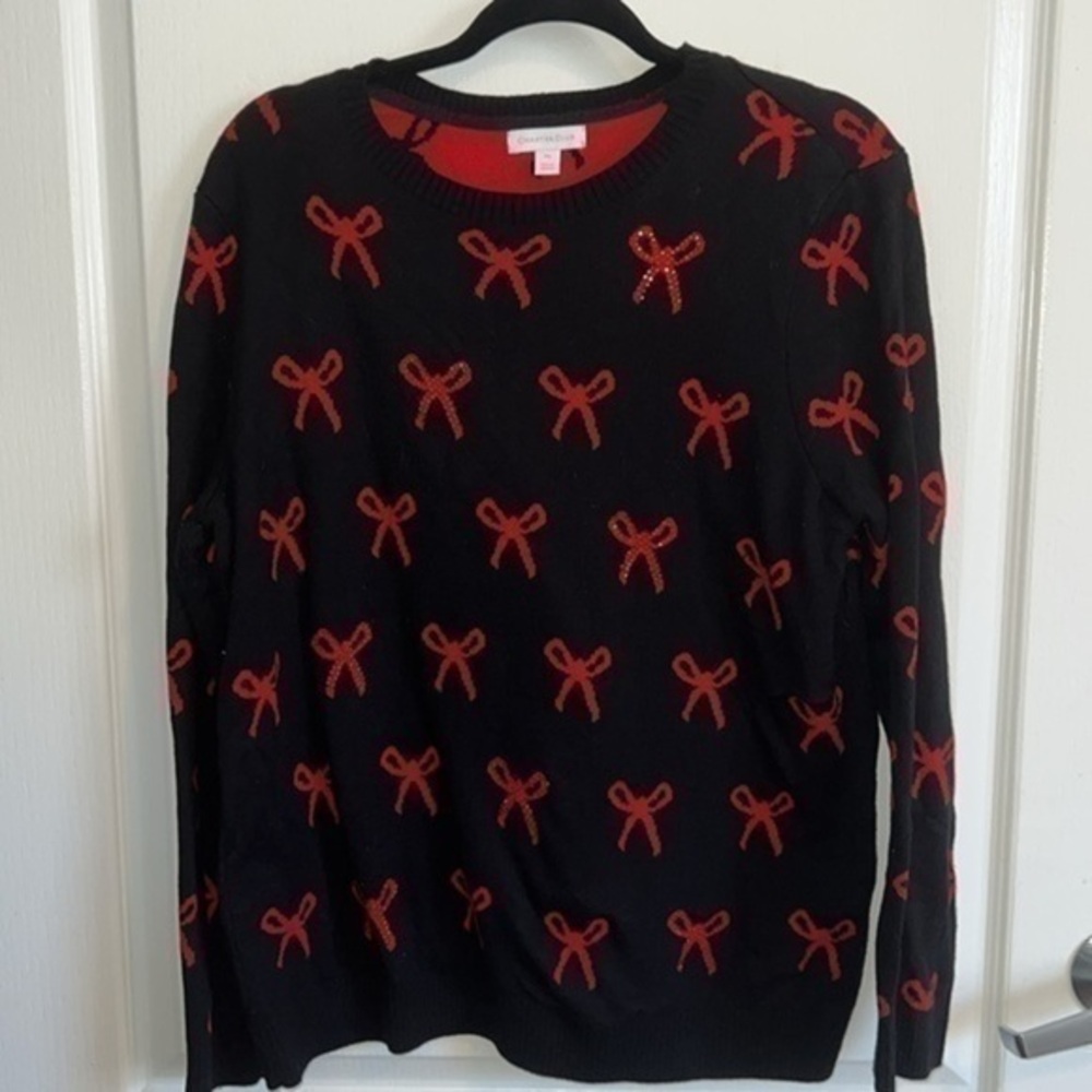 Charter club - HOLIDAY SWEATER black and red bow tie sweater - large petit